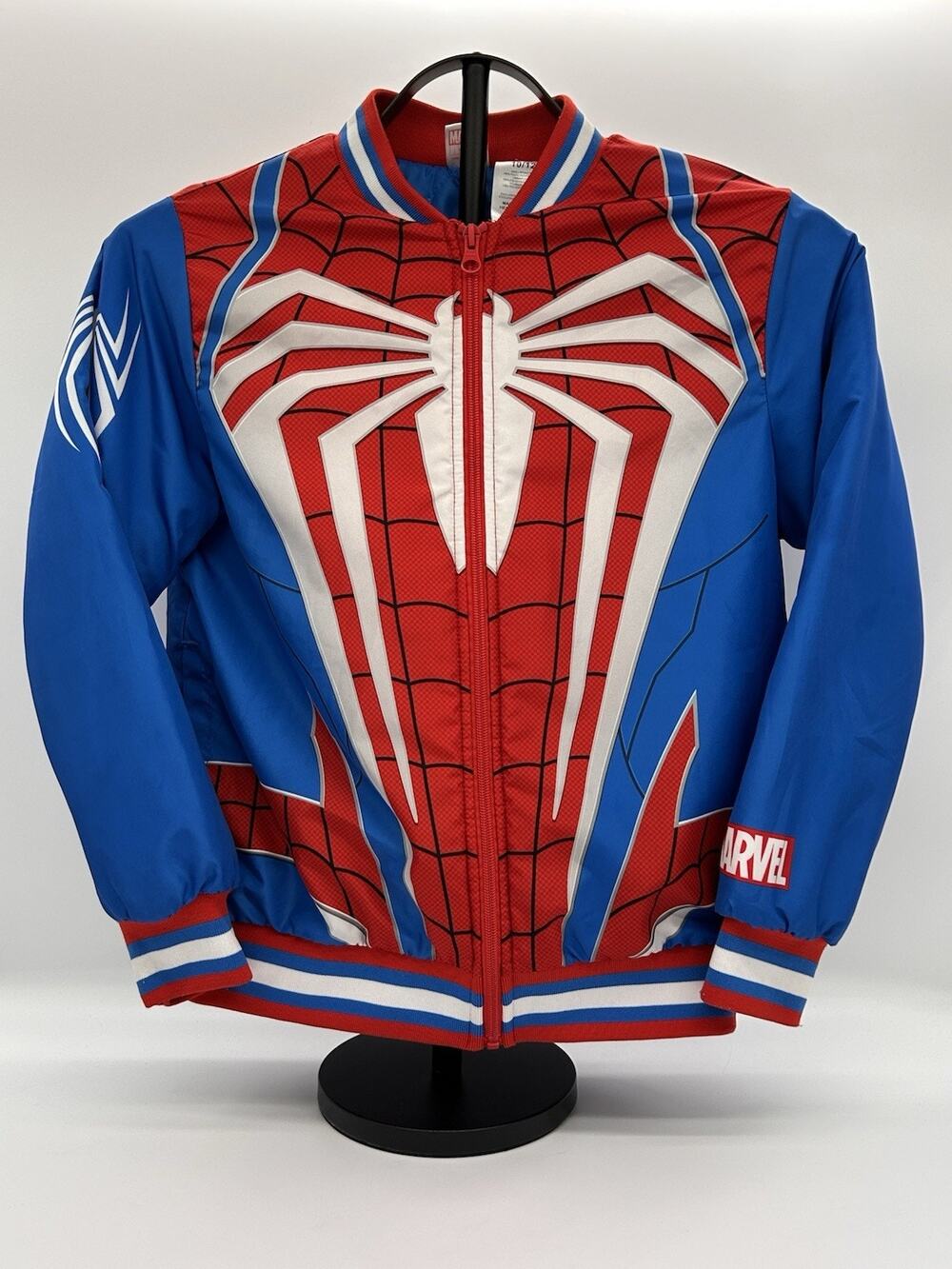 Marvel Spider-Man Boys Full Zip Bomber Jacket Size 10/12 Spider Suit Blue Red